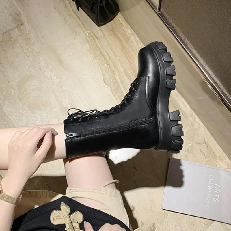 Mid Calf Boots Lace-up Women's Boots Pu Leather Platform Boot Non-Slip Zipper Ankle Boots Fashion Chunky Heel Women Shoes