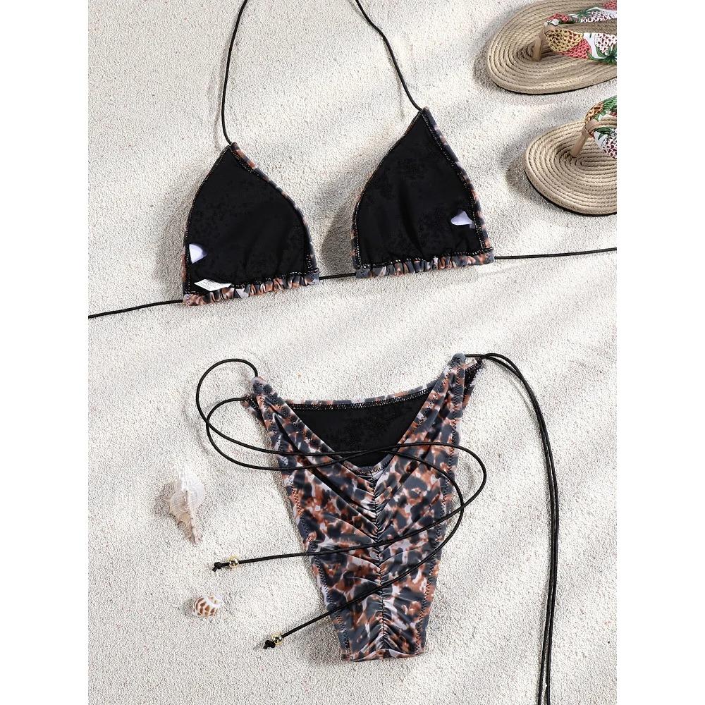 Bikini String Swimsuit Sexy Female Bathsuit Women Swimwear High Cut Bathwear Bandage Biquini Leopard Two Pieces Suit