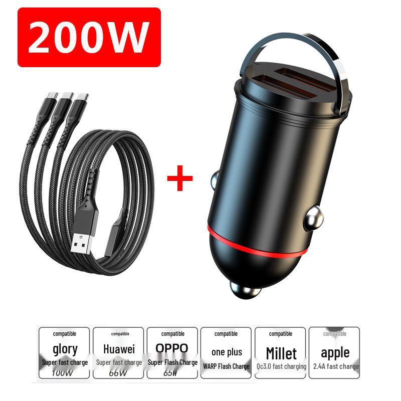 Compact Dual USB Car Charger with Pull-Ring Design - 200W Fast Charging & Multifunctional Cigarette Lighter