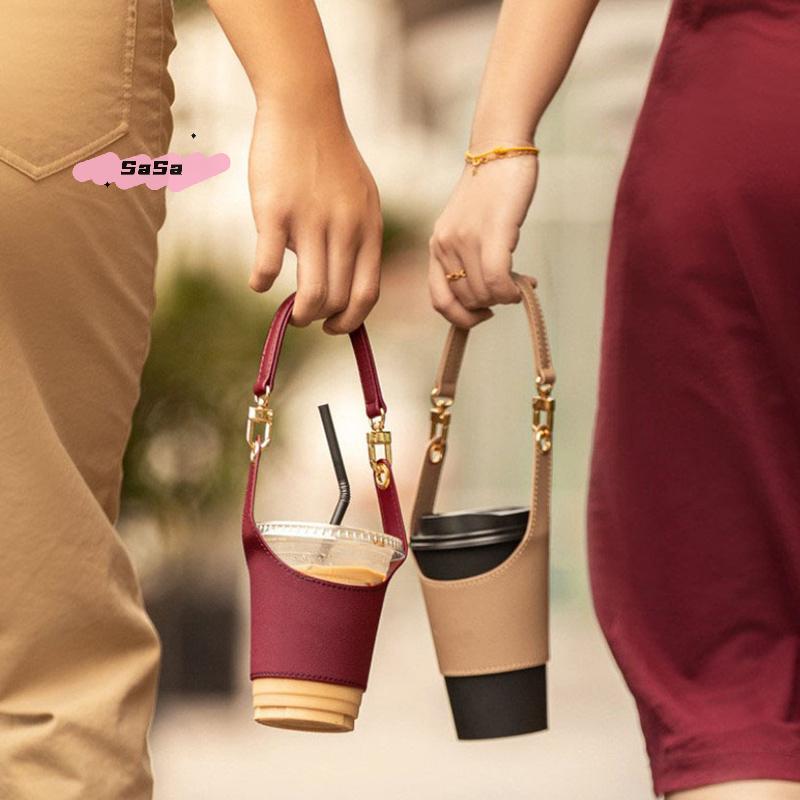 Leather Cup Cover Pouch Portable Water Bottle Sleeve with Insulating Strap for Milk Tea Coffee Cups - Fashionable Carrying Bag