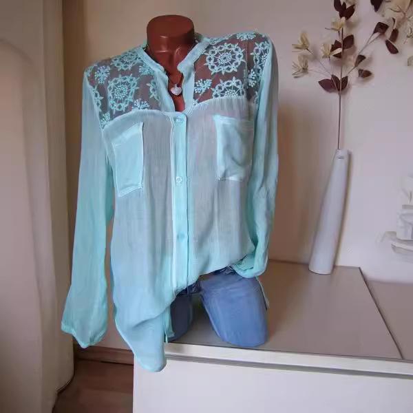 2018 Podzimní halenka s dlouhým rukávem a krajkovou ozdobou, se stojáčkem a klopami a kapsou