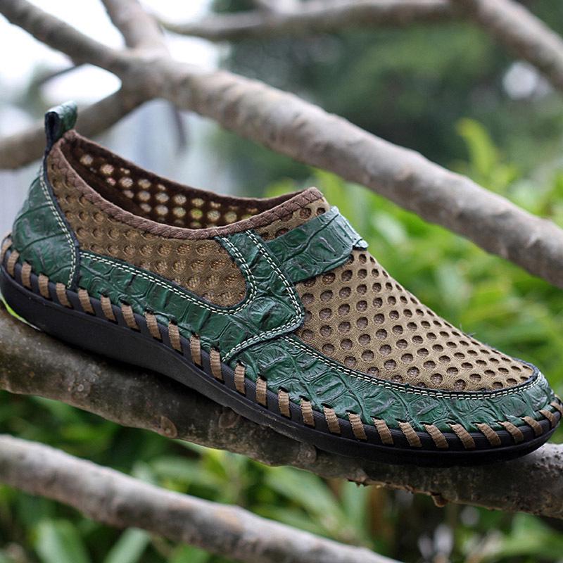 Men's Breathable Crocodile Pattern Mesh Shoes, Genuine Leather, Large Size, Summer Collection.