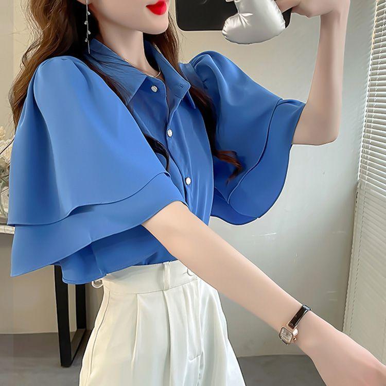 French Lady's Summer Loose Shirt Women's Loose Blouse Solid Color Fairy Style Ruffle Short Sleeve Chiffon Top