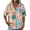 Damen Vintage Blumenmuster Polohemd Knopfleiste Kurzarm Lockerer Schnitt Lässiges Oberteil aus Baumwoll-Leinen-Stoff