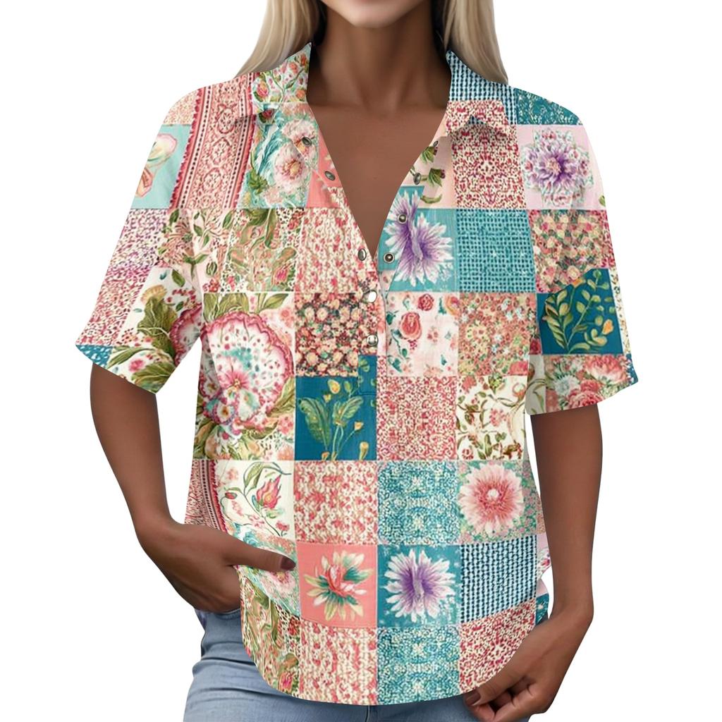 Damen Vintage Blumenmuster Polohemd Knopfleiste Kurzarm Lockerer Schnitt Lässiges Oberteil aus Baumwoll-Leinen-Stoff