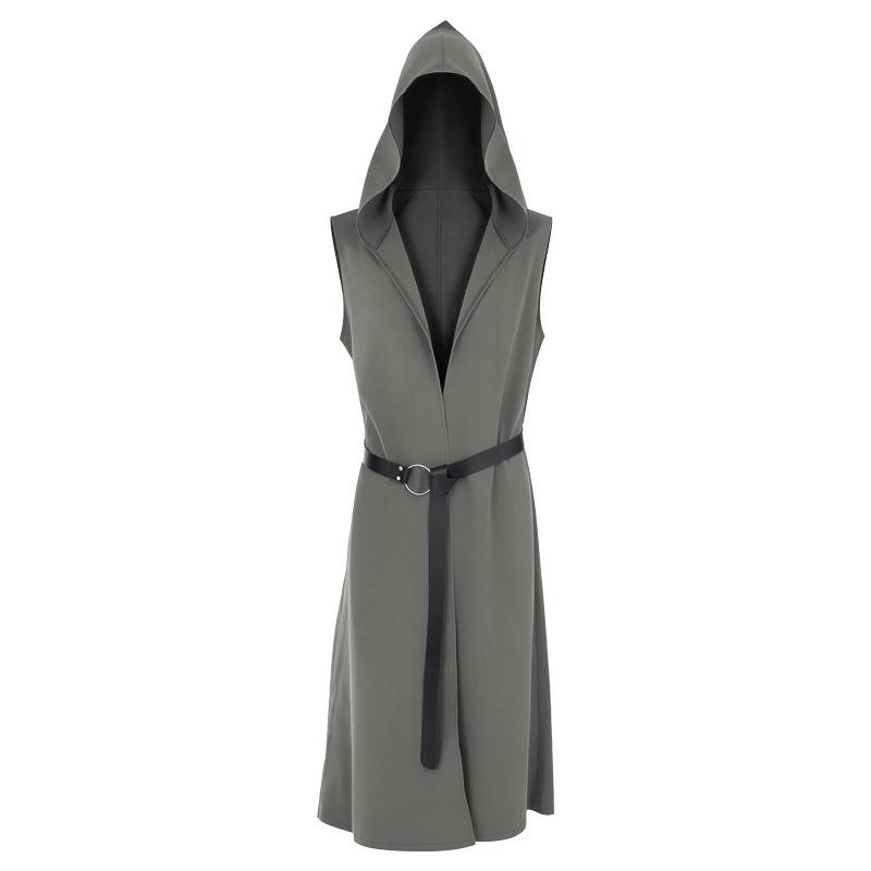 Mantello Cappotto Vintage Medievale Lunga Veste Senza Maniche con Cappuccio Scollo a V Profondo Aperto Davanti Vita Stretta Costume da Palco Halloween Mago Mantello