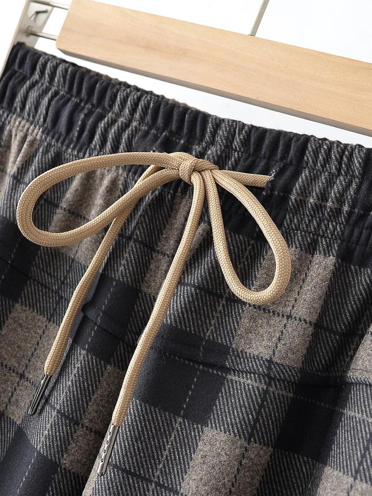Spring Style Fashionable Plaid Elastic High Waist Pants for Middle-aged and Elderly Women