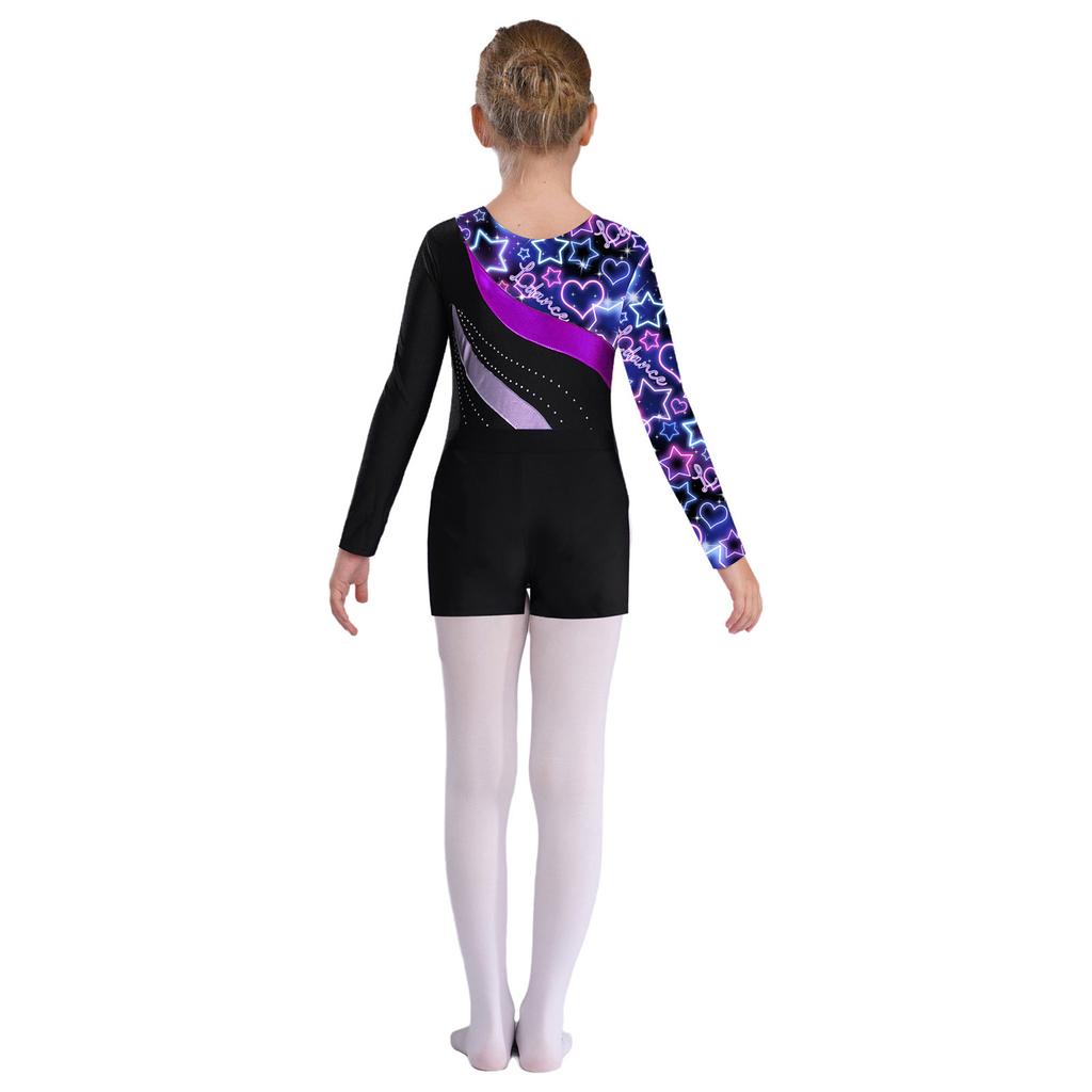 Girls Long Sleeve Rhinestone Leotard Printed Patchwork Design with V Front Waistband Shorts Dance Set