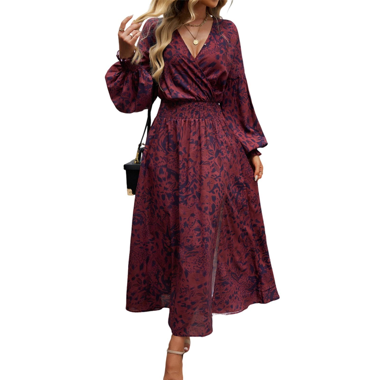 

Женское платье повседневное с V-образным вырезом и высокой талией, с винтажным цветочным принтом и длинными рукавами S коричневый