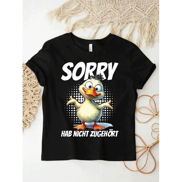 women s black short-sleeve crew neck tee with funny duck graphic saying sorry hab nicht zugehört, soft cotton feel, casual daily wear for humor S чёрный