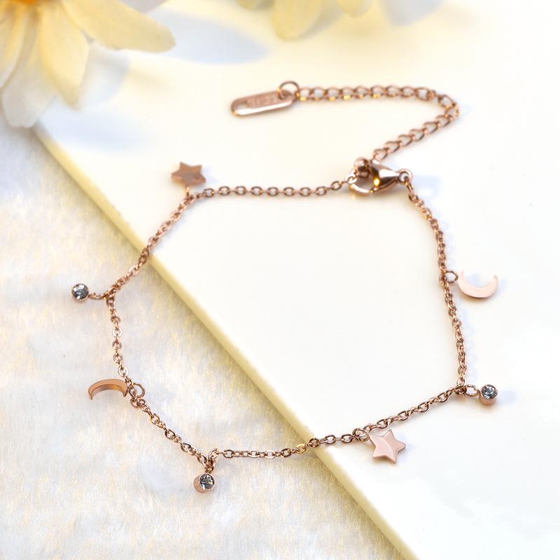 Korean 18K Rose Gold Star & Moon Titanium Steel Anklet with Diamonds - Unique Women's Forest Style, Non-Fading.