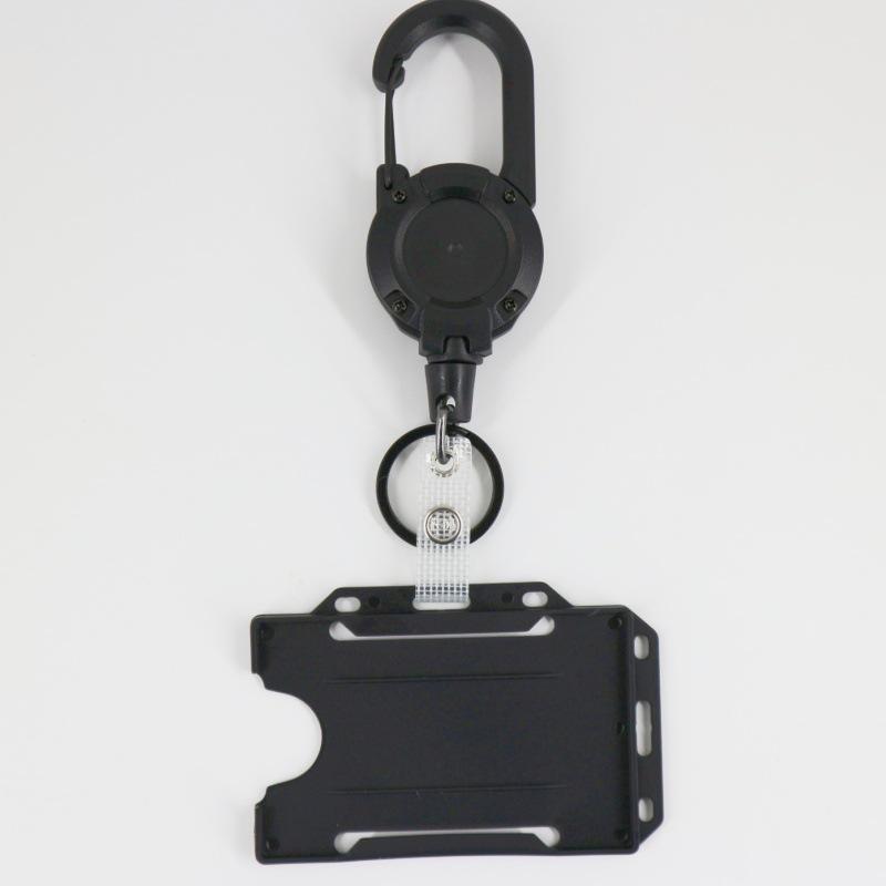 Black Leather Retractable Badge Reel Keychain with Spring Buckle for Backpacks