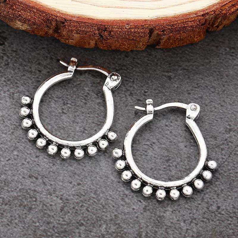 Huajie Винтажные серьги из старого серебристого металла в этническом стиле с бусинами для женщин, ретро круглые серьги-кольца, модные аксессуары серебряный