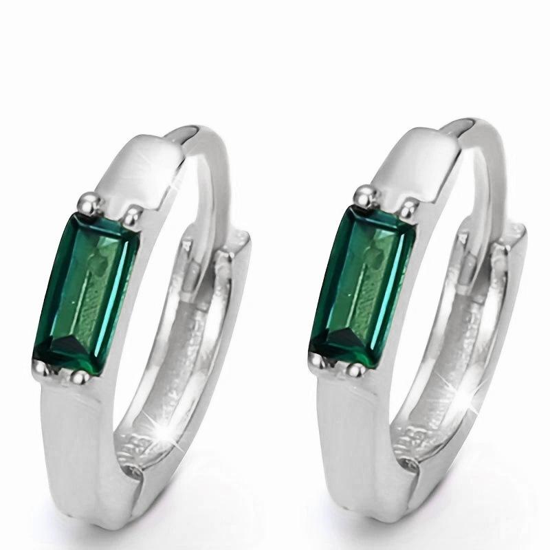 Single Baguette Cut Green Cubic Zirconia Tiny Hoop Earrings Silver Tone Four Prong Setting Minimalist Ladies Casual Accessories