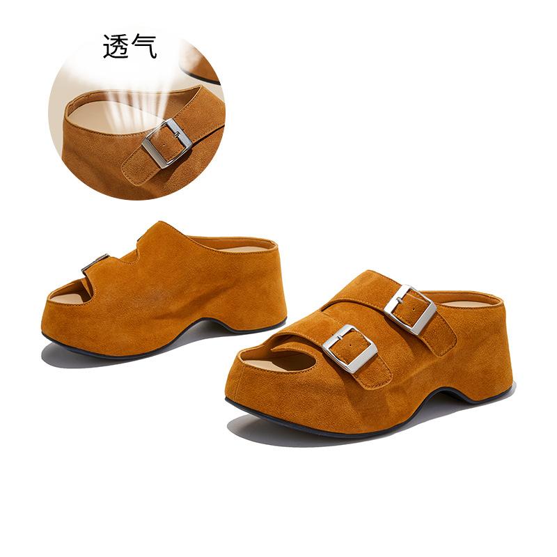 

Suction film bottom slippers women s summer new thick-soled heightening sandals casual versatile outer wear half-drag Birkenstocks 35 жёлтый