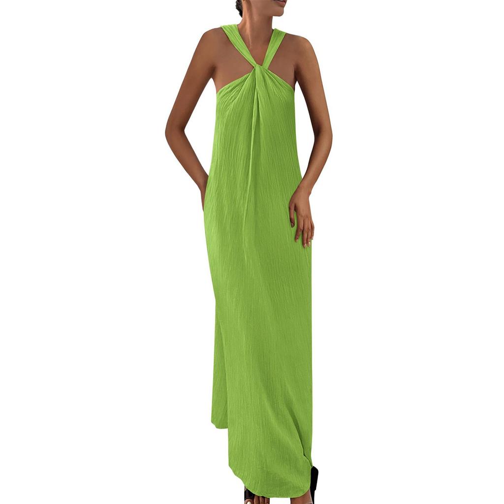 Dámské módní a sexy jednobarevné šaty s výstřihem do V, bez rukávů, na plážovou dovolenou, ležérní