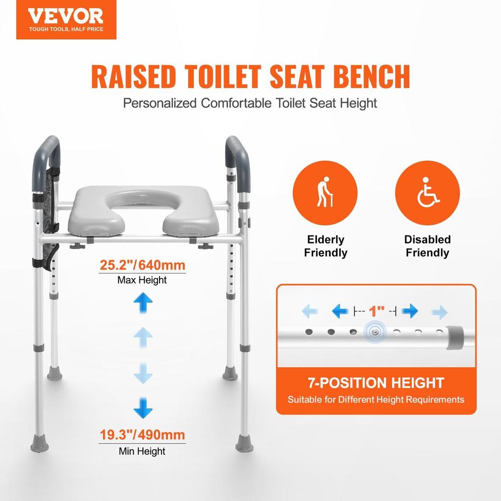 Assento Elevado para Vaso Sanitário, Ajuste de Altura de 7 Posições 490 - 640 mm, Capacidade de Peso de 158,7 kg, com Estrutura de Alumínio Acolchoada para Conforto, Assento de Vaso Sanitário Universal