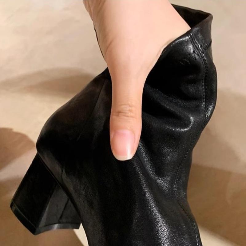 Super Soft Sheepskin Square Head Thick Heel Rear Zipper High Heel Bare Boots Martin Boots Women's Thin Short Boots