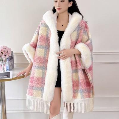 Large Plaidplus Sizefall and Winter Hooded Outer Stuffed Cape Shawl Hooded Plaidthickened High-end Outwear Coat