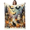 1pc Spooky Halloween Flannel Blanket - Soft & Warm 280gsm Heavyweight All-Season Throw with Haunted House, Bats, Ghosts, Witches & Jack-O'-Lanterns Pr