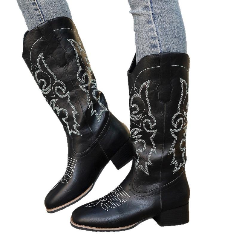 New thick heel y western cowboy boots embroidered sleeve retro tall large size riding boots women