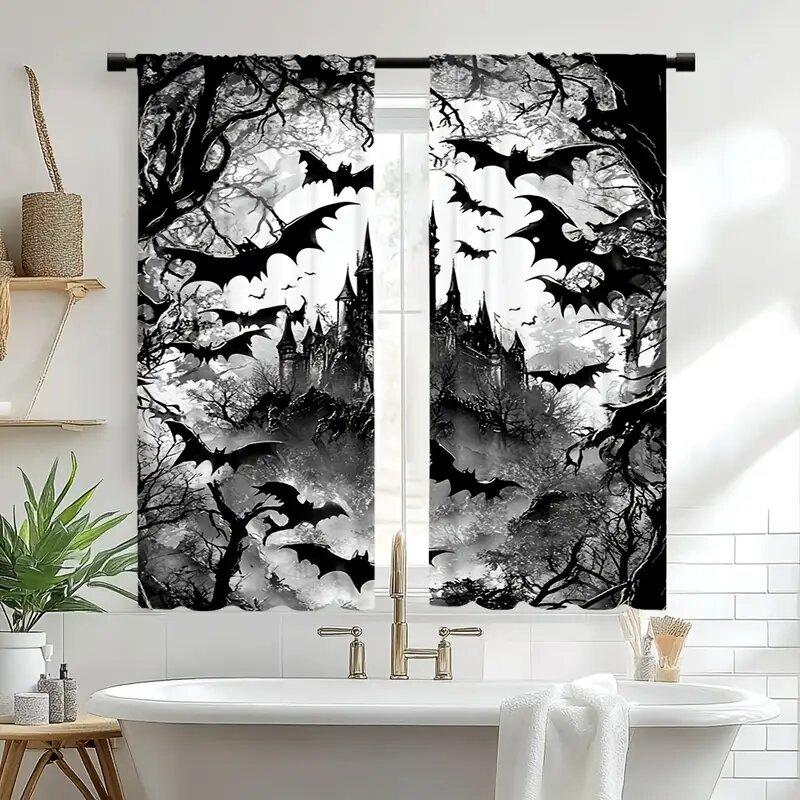 Set Of 2 Halloween Castle Style Patterned Printed Curtains Window Decorations Home Room Curtain Polyester