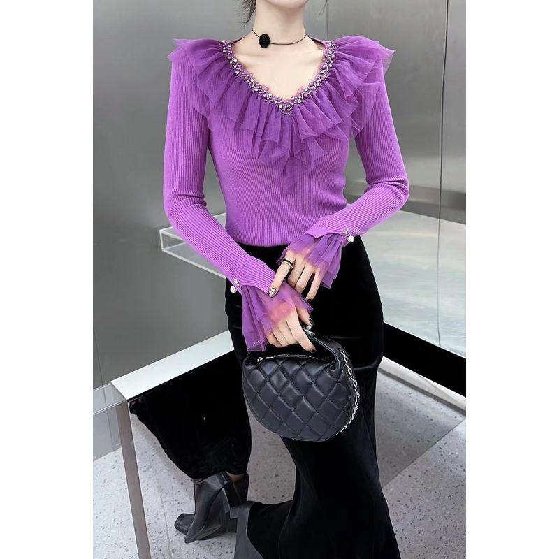 

European Station Ruffles Beaded Spring V-neck Sweater Purple S