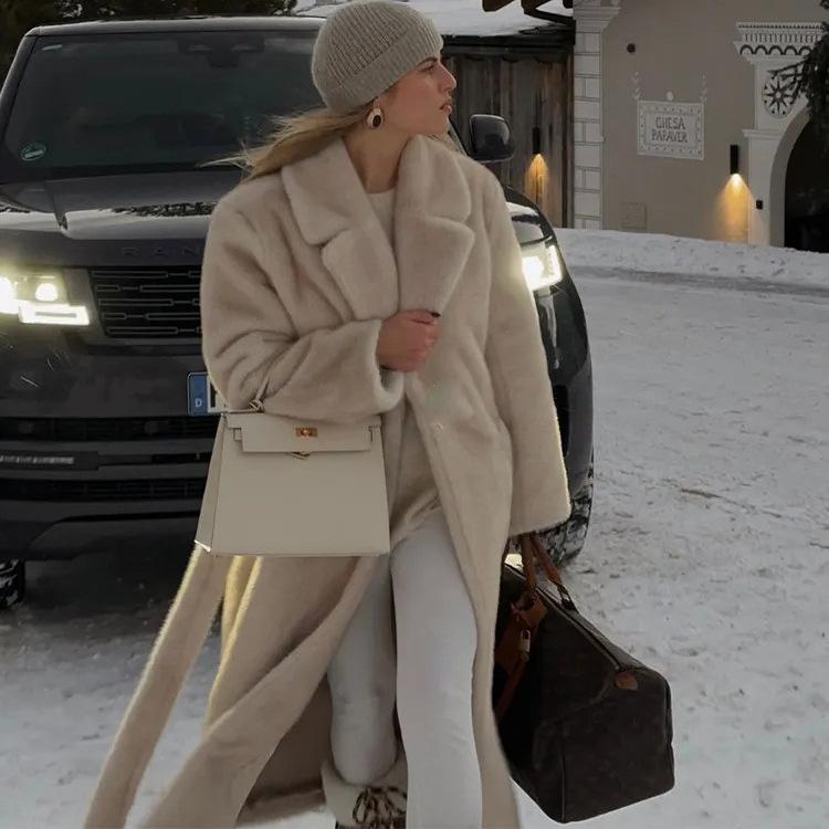 Herbst und Winter Nerzfellmantel Verlängert Mode Imitation Pelzjacke Damen Anzugkragen Gürtel Umweltfreundliches Pelz Oberteil