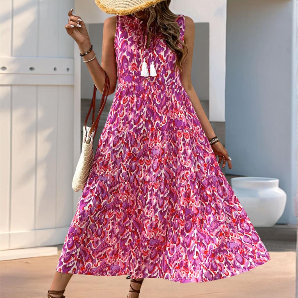 New European American Style Abstract Print Midi Dress, Summer Beach Vacation Casual Dress for Women