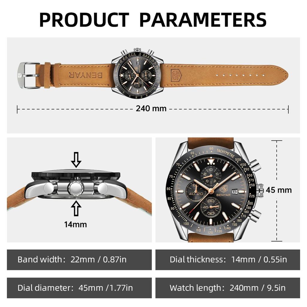BY BENYAR Chronograph Analog 30M Wasserdicht Lederarmband Quarz Geschenk für Erhältlich in und Schwarz Herrenuhr, Widerstandsfähig, Schlicht, Stilvoll, Beliebt, Formell,