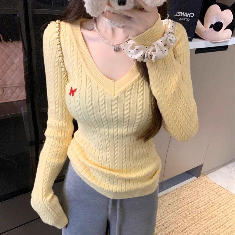 

Women s Slim Fit V-neck Cable Knit Sweater - Long Sleeve Autumn/Winter Sweet Style Knitwear L (100-110 jin)