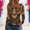 Women Plus Size Asymmetric Cutout Neck Cold Shoulder Long Sleeve Fitted Eagle Printed Top