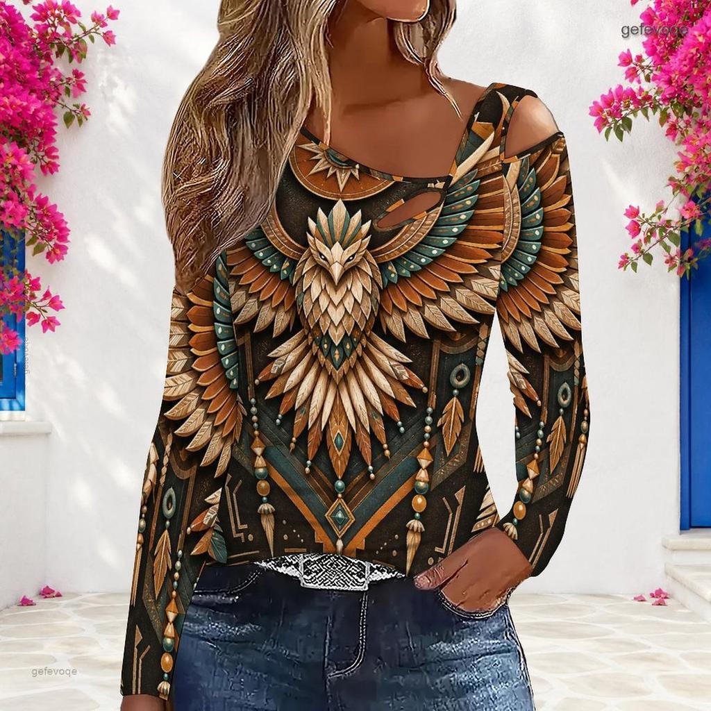 Women Plus Size Asymmetric Cutout Neck Cold Shoulder Long Sleeve Fitted Eagle Printed Top