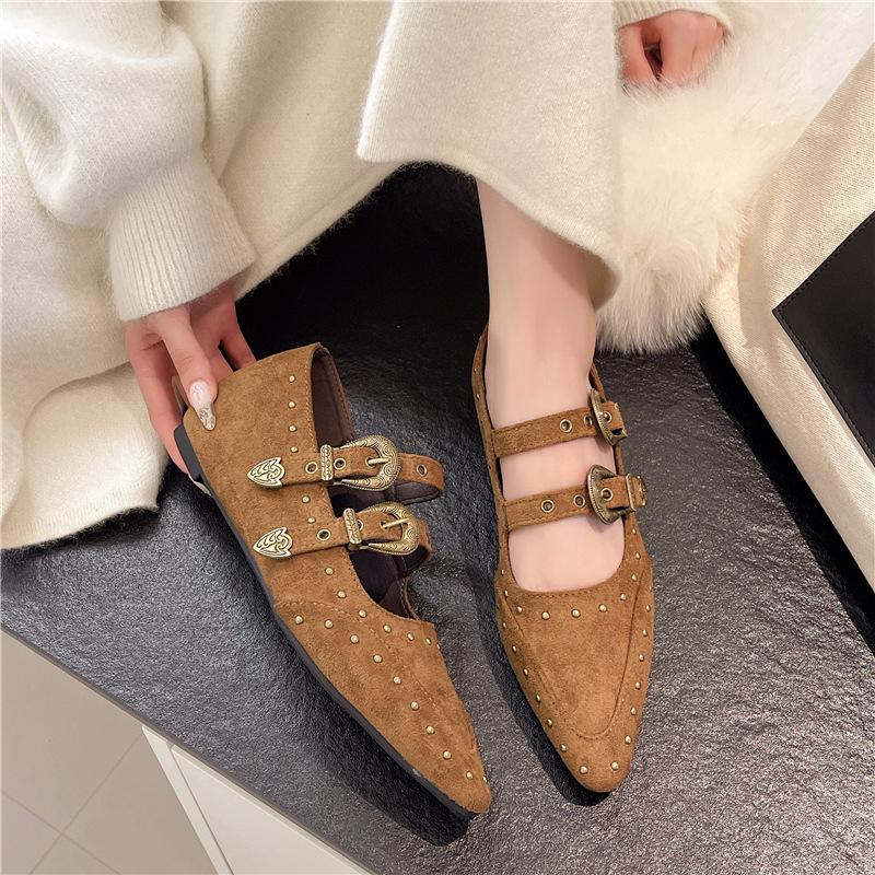 European and American Retro Pointed Flat Bottom Inner Height Increase Soft Leather Mary Jane Shoes Women's Brown Rivets One Word with Shallow Mouth S