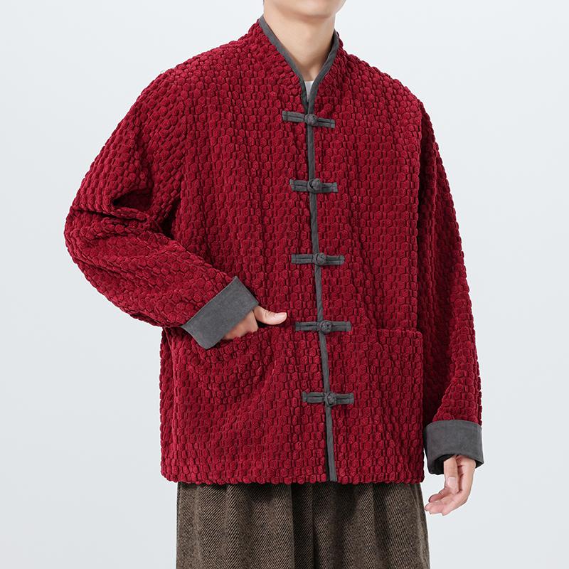 

2025 Мужская вельветовая куртка свободного кроя в китайском стиле, осенняя, мужская, теплая, плюшевая, короткая куртка-пальто, мужской однотонный повседневный кардиган M вино красного