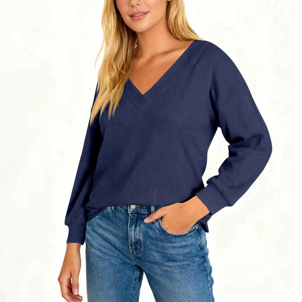 Plus Size Women's Fashion Casual Color Knit V,Neck T,Shirt Long Sleeve