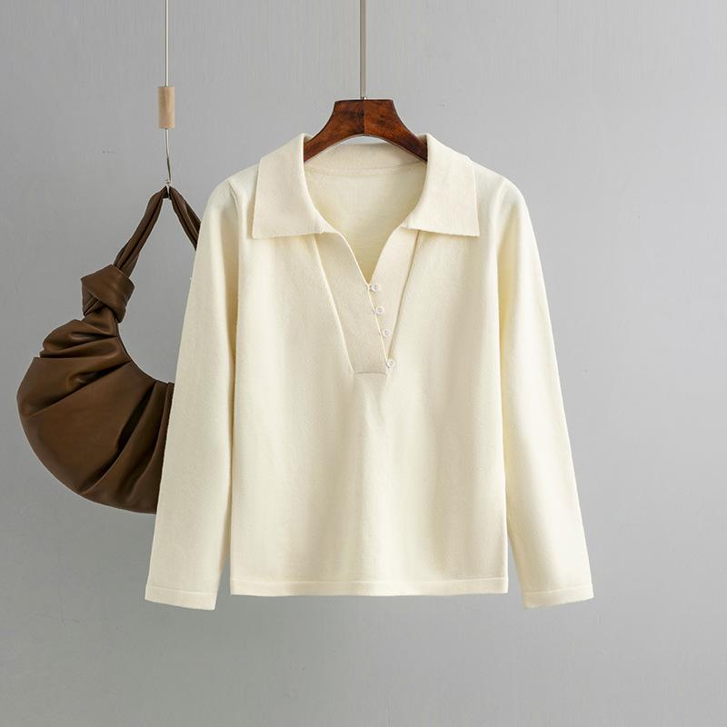 Women's Casual Solid Lazy Knit Shirt Button V-neck Long Sleeve Loose Breathable Pullover Knit Top Polo Neck Fashion Simple Soft Comfy Knit Shirt