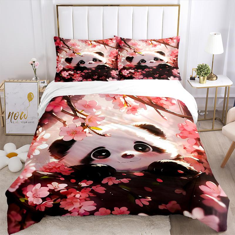 3pcs Sakura Panda Bedding Set - Includes 1 Quilt Cover and 2 Pillowcases, Comfortable Bedding with Stylish Design for Bedroom, Machine Washa