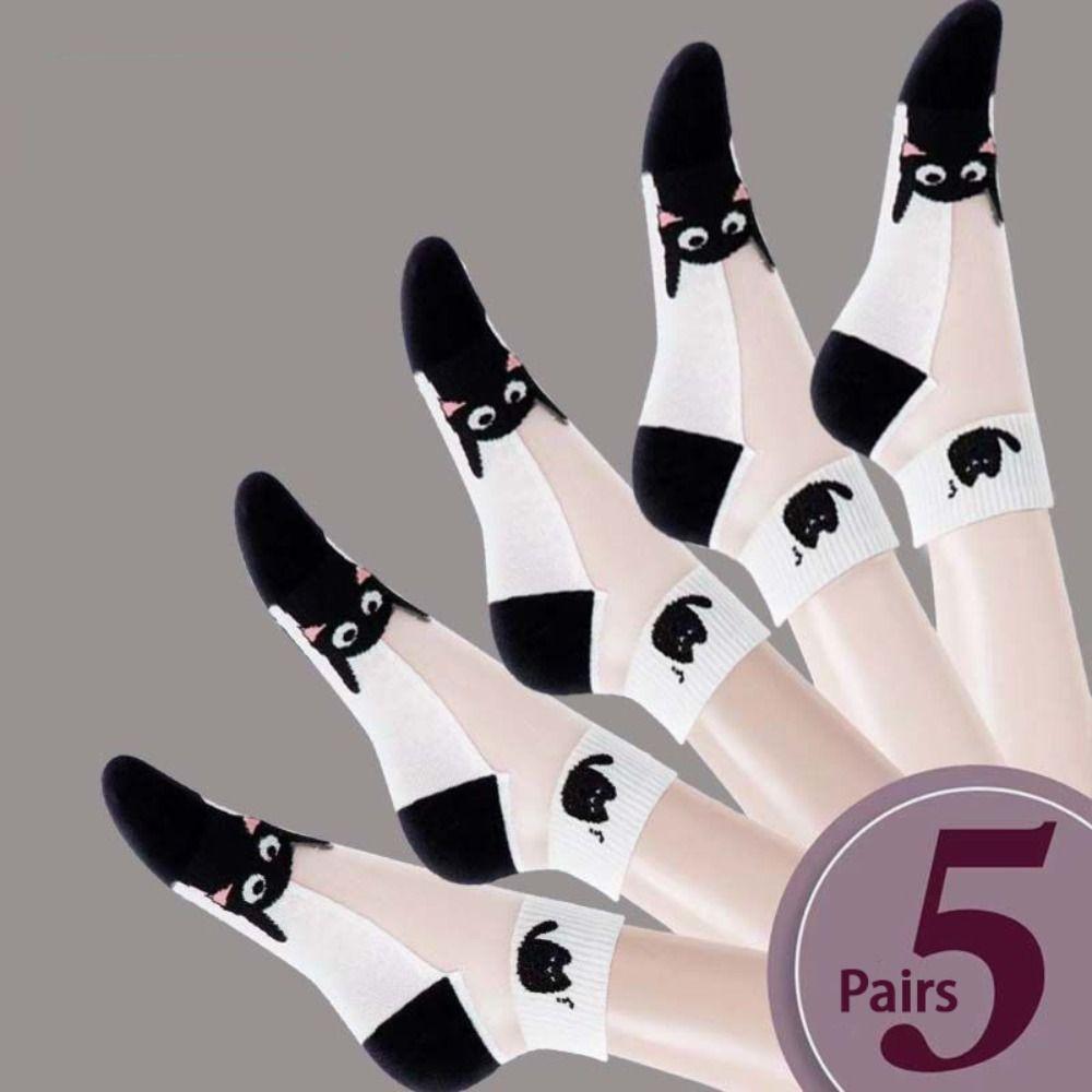5Pairs Wear-resistant Short Socks Breathable Sport Socks Casual Black and White Cat Socks