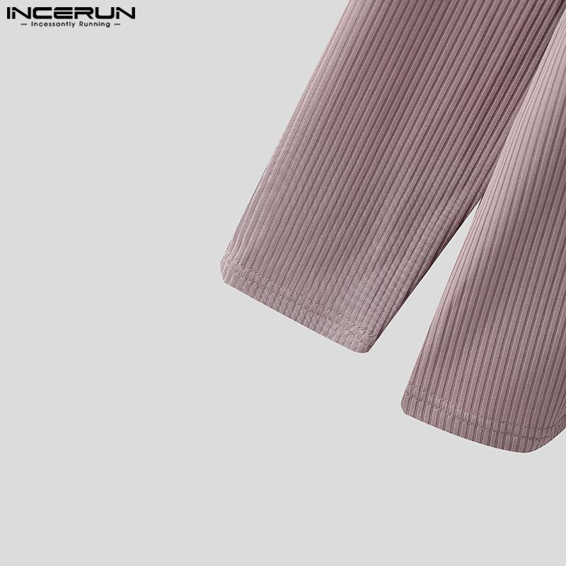 INCERUN Men Lapel Neck Long Sleeve Button Rib Texture Casual Tops T-shirts