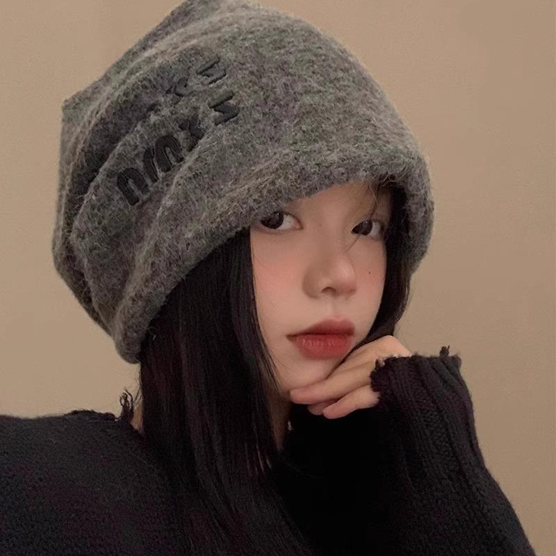 Lazy Style Versatile Pile Hat for Women Autumn and Winter Wool Warm Ear Protection Knitted Hat Pullover Confinement Hat Cold Hat Trendy