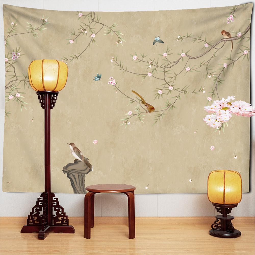 Obraz Kwiaty i Ptaki Orchidea Świeży Gobelin do Powieszenia na Ścianie Prosty Chiński Styl Boho Dekoracja Pokoju w Akademiku