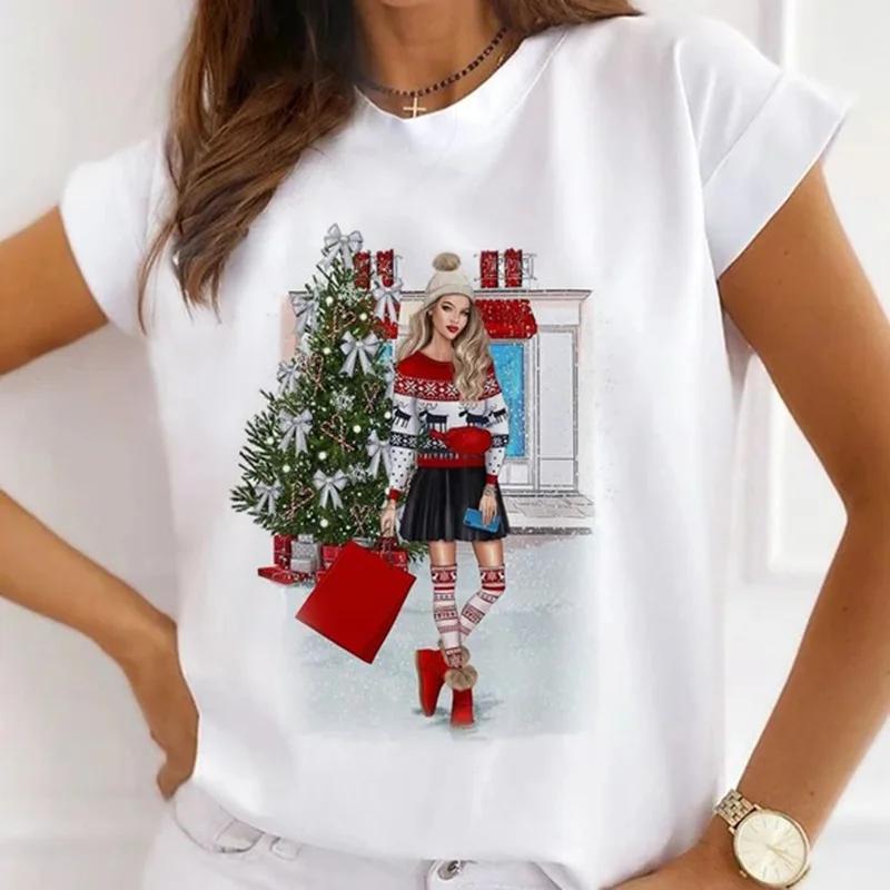 Festival Christmas Printed Short Sleeved Casual Womens Tshirt Crewneck Tops Kawaii Fashion Women TShirt Clothes Harajuku