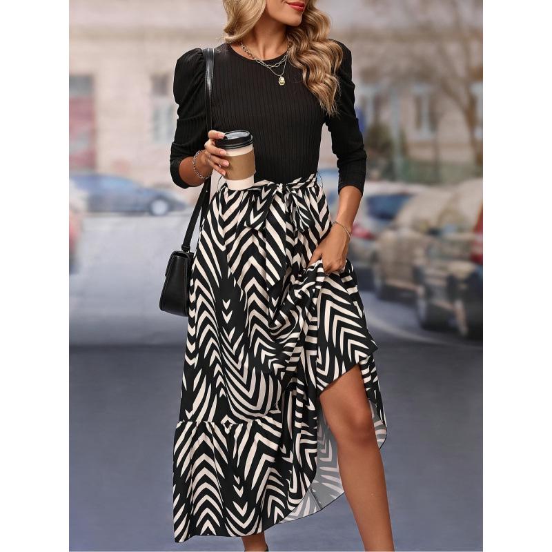 2024 A-Linien Taillenbetonendes Patchwork Langarm Elegantes Kleid für Frühling und Herbst