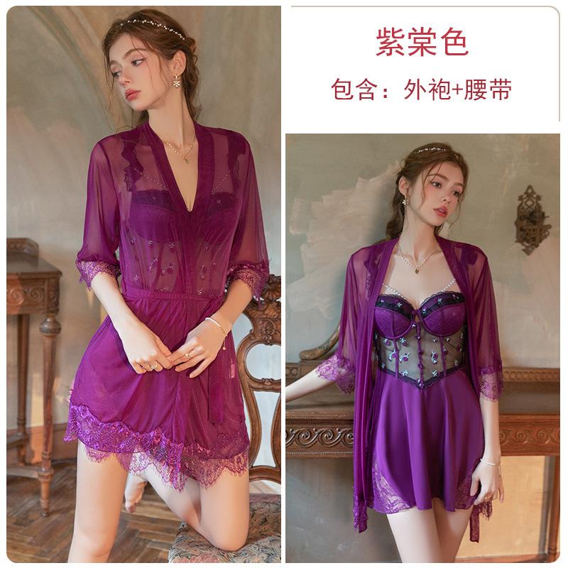 

Pure desire mesh gathering plus chest pad perspective temptation hollow backless nightdress robe loungewear set one size fits all