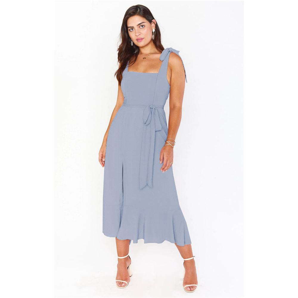 Women's Elegant Bridesmaid Dresses Square Neck Ruffle Slit Hem Midi Formal Dress for Wedding Guest Cocktail Party