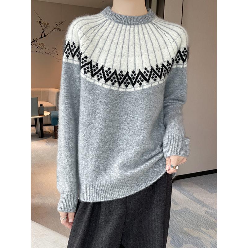 Autumn/Winter 100% Pure Wool Versatile Color Block Long Sleeve Sweater for Women - Soft, Loose Fit Jacquard Design