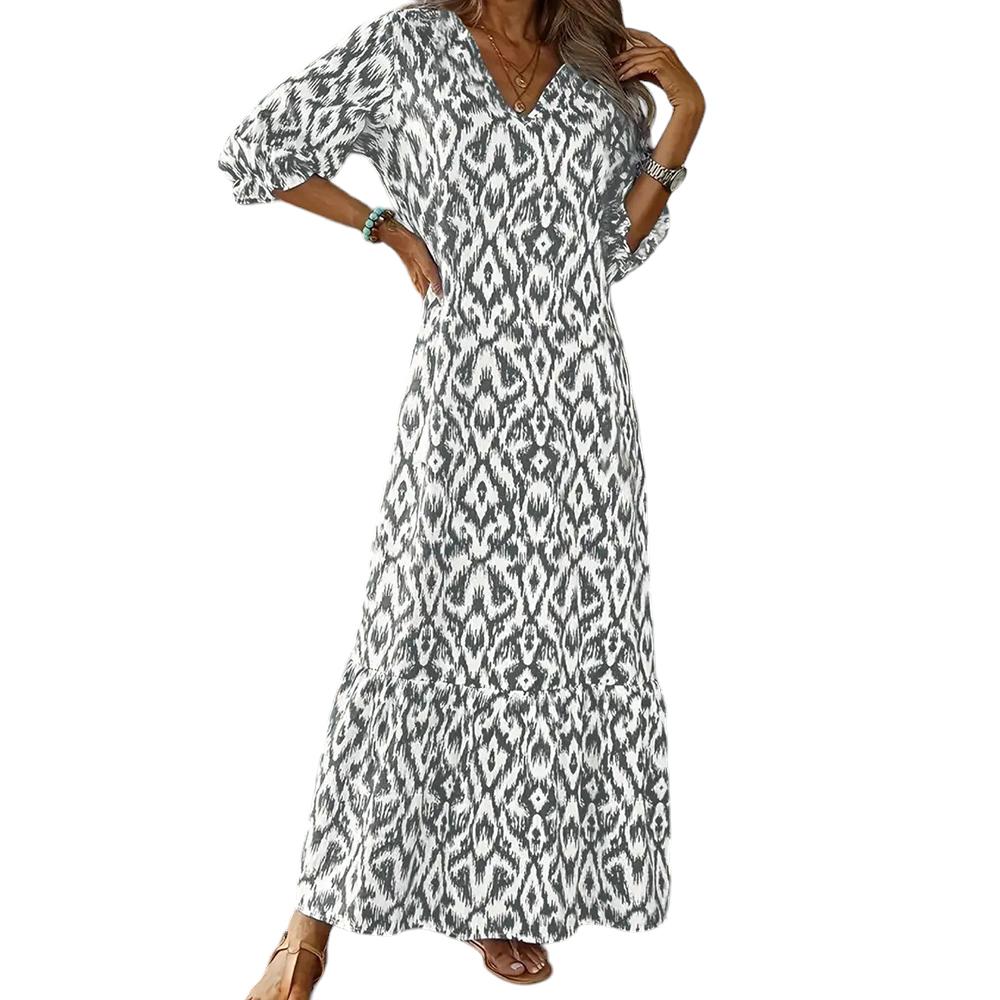 Women's Bohemian 3/4 Sleeve V-Neck Printed Maxi Dress