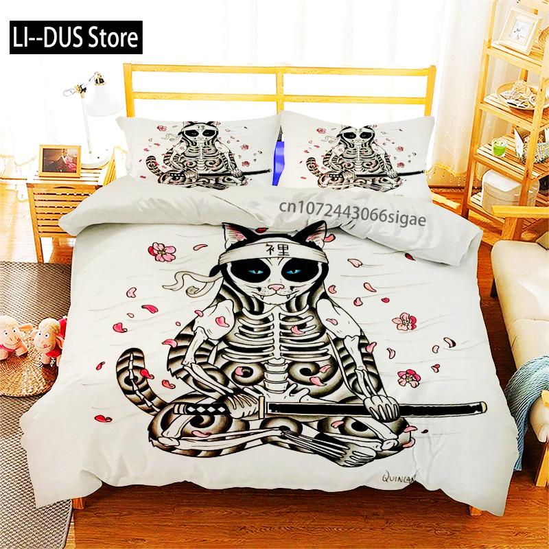 Phechion Samuray Kedi Dövmesi 3D Baskı Yatak Takımı Yorgan Kılıfları Yastık Kılıfları Tek Parça Yorgan Yatak Takımları Yatak Örtüsü Yatak K580