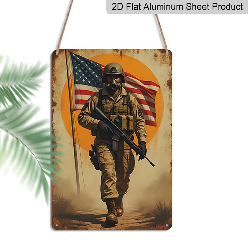 2D Flat Decorative Aluminum Sign Plaque 1pc 8x12 Inch Sign with Message "American Flag and Soldiers" Perfect Room Decor for Veteran Room, Living